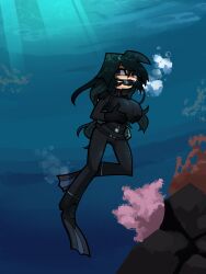 1girls bdrilo_k belt black_bodysuit bodysuit breast_grab double_hose_regulator female female_only flippers hi_res juna_guerrero juna_guerrero_monrreal large_breasts oxygen_tank regulator scuba scuba_gear self_grab solo source_request swimming_fins underwater water wetsuit
