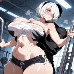 1boy 1girls 2b_(nier:automata) ai_generated bare_shoulders black_hairband black_shorts blue_eyes blush breasts cleavage closed_mouth clothing curvy deep_skin dolphin_shorts dumbbell exercise faceless_male female grabbing grabbing_another's_breast grabbing_from_behind grey_eyes groping gym hairband headwear huge_breasts indoors large_breasts light-skinned_female light_skin lunaart micro_shorts midriff mole mole_under_mouth navel nier nier:_automata nier_(series) no_blindfold patreon_logo patreon_username short_hair short_shorts shorts solo solo_focus standing stomach straight strapless sweat thick_thighs thighs torn_clothes tube_top web_address weightlifting weights wet wet_clothes white_hair wide_hips yorha_2b yorha_no.2_type_b