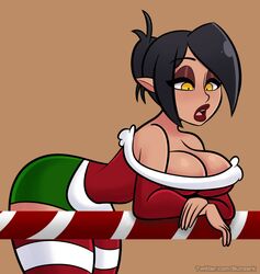 bending_over big_breasts breast_press bunzerk christmas christmas_outfit cleavage dark-skinned_female dark_elf huge_breasts