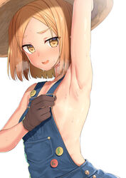 arm_up armpits b-ginga badge bangs blonde_hair brown_gloves buttons commentary_request eyebrows_visible_through_hair fate/grand_order fate_(series) female flat_chest gloves hat heavy_breathing looking_at_viewer naked_overalls overalls parted_bangs paul_bunyan_(fate) paul_bunyan_(fate/grand_order) shiny shiny_skin short_hair simple_background solo straw_hat sweat white_background yellow_eyes