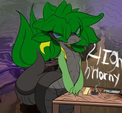 abstract_background absurd_res anthro drug_usage drugs ebb_the_ghost female feral flat_chested furniture generation_5_pokemon genitals green_body green_skin hair hair_over_eyes hi_res leaf leaf_hair leaf_tail leaning leaning_forward leaning_on_object leaning_on_table marijuana nintendo petra_(ebb_the_ghost) plant plant_hair pokemon pokemon_(species) pseudo_hair psychedelic_background purple_eyes shortstack smoke snivy solo table tail vulva