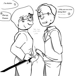 comparing_penis emperor_hirohito harry_truman long_penis male_only pants_open penis_comparison small_penis taped_glasses thick_penis thin_penis tips_touching toony toony_face uncircumcised