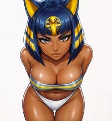ai_generated animal_crossing animal_ears anime ankha_(animal_crossing) anthro bandeau big_breasts bikini blue_hair bob_cut busty cameltoe cat_ears censored cleavage curvy dark_skin dark_skinned_female deep_cleavage ecchi egyptian egyptian_style eyeliner female female_only from_above headdress high_angle huge_breasts humanized leaning_forward lollololli looking_at_viewer makeup midriff navel nekomimi nemes oiled_skin oppai shiny_skin short_hair simple_background solo stomach strapless_bikini striped_bikini swimwear thick voluptuous white_background yellow_eyes