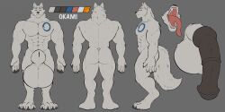 2024 4_toes abs animal_genitalia animal_penis anthro ass balls big_balls big_sheath black_penis blue_tattoo canid canine canis chest_tattoo claws colored equine_genitalia equine_penis erection feet flared_penis front_view fur genitals grey_background hi_res huge_balls huge_sheath hybrid_genitalia hybrid_penis hyper hyper_balls hyper_genitalia hyper_sheath knot knotted_equine_penis knotted_penis male mammal masterokami medial_ring model_sheet mouth_shot multiple_angles muscular navel nude nude_male okami_(masterokami) open_mouth penis rear_view sharp_teeth sheath simple_background smile solo standing tail tattoo teeth toes tongue tongue_out vein veiny_penis white_body white_fur wolf
