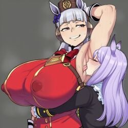 2d 2girls ai_generated animal_ears arm_behind_head arm_up armpit_fetish armpits bakushin_o_armpit_gif_(meme) big_breasts blunt_bangs blush bow bowtie breasts closed_eyes covered_nipples dress ear_bow erect_nipples erect_nipples_under_clothes female female_only gigigens gloves gold_ship_(umamusume) grey_background grey_hair grin height_difference horse_ears horse_girl hug huge_breasts huge_nipples large_breasts large_nipples licking licking_armpit long_hair mejiro_mcqueen_(umamusume) meme multiple_girls naughty_face nipple_bulge nipples nipples_visible_through_clothing pillbox_hat puffy_nipples purple_eyes purple_hair red_dress simple_background size_difference sleeveless sleeveless_dress smile steam steaming_body sweat teeth tongue tongue_out umamusume umamusume_pretty_derby upper_body white_gloves yuri