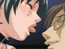 00s 1boy 1girls 2006 animated anime_screenshot bible_black bible_black_only black_hair bondage breasts chains closed_eyes collar drooling earrings female french_kiss glasses groping groping_breast jewelry kissing lipstick minase_yukiko nipples saliva short_hair slave straight tagme teacher teacher_and_student tongue tongue_out