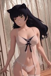 ai_generated amber_eyes background belladonna_(rwby) black_hair blake_belladonna bra cat_ears catgirl cleavage detailed faunus female forest garter_straps hi_res high_detail indoors interior lingerie long_hair looking_down midriff neutral_expression panties realistic_shading rwby see-through serious sheer sheer_clothing slim small_breasts solo stockings underwear white_lingerie window