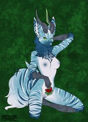 2019 alishka anthro areola blue_body blue_fur breasts dragon female fur furred_dragon green_background hi_res horn nipples pussy simple_background solo wingless_dragon