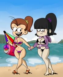 2girls aged_up barefoot beach big_breasts bikini black_bikini black_hair blush breasts broawn_hair deviantart duffel_bag emo female female_only freckles freckles_on_face hair_scrunchie hips human_only luan_loud maggie_(the_loud_house) nickelodeon open_mouth orange_sandals ponytail request roco340 safe_for_work sand sandals scrunchie sfw swimsuit swimwear tagme the_loud_house umbrella wide_hips