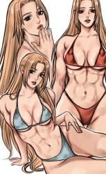 1girls abs blonde_hair blowing_kiss breasts brown_eyes clothing female fit_female hand_on_hip imeko_san jujutsu_kaisen legs_together long_hair love_peak love_yuki medium_breasts muscular_female smile thick_thighs wide_hips yuki_tsukumo