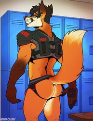 2019 5_fingers arm_tuft ass black_hair bulge canid canine clothing ear_piercing elbow_tufts eyewear fingers football_gear fox glasses hair industrial_piercing jockstrap kihu locker_room looking_back male male_only mammal multiple_piercings piercing rear_view solo standing tuft underwear