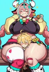 1boy 1girls aether_(genshin_impact) ai_generated big_ass big_belly big_breasts big_butt big_thighs blush burger crumbs crumbs_on_face eating eating_food genshin_impact happy hoyoverse hyper_ass hyper_butt hyper_thighs kortai larger_female mihoyo novelai simple_background smaller_male sweat sweatdrop sweating sweaty sweaty_body tagme varesa_(genshin_impact) wholesome