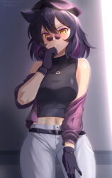 rwby hocen blake_belladonna 1girls solo_female clothed_female black_hair black_hair_female yellow_eyes small_glasses cat_ears hat pose posing gloves