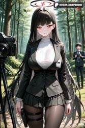 1boy 1girls 2025 ai_assisted ai_generated anime artist_name black_hair black_skirt black_suit breasts bright_pupils camera forest halo hi_res high_quality high_resolution highres holster id_card jacket large_breasts long_hair looking_at_viewer nature outdoors pantyhose patreon patreon_username pleated_skirt red_eyes rio_(blue_archive) skirt stable_diffusion suit sweater thigh_holster turtleneck turtleneck_sweater very_long_hair watermark white_sweater