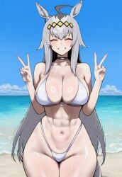 1girls ai_generated beach bikini closed_eyes female grey_hair happy happy_female horse horse_ears horse_girl horse_tail light-skinned_female light_skin oguri_cap_(umamusume) outdoors peace_sign silver_hair smile swimsuit thick_thighs thighs truck-kun_art truck_kun umamusume umamusume_pretty_derby v