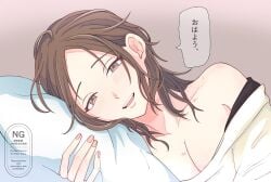 1girls bite_mark blush breasts brown_eyes brown_hair cleavage collarbone harmony_(pokemon) hickey implied_after_sex looking_at_viewer morning_after nintendo nse_rl pokemon pokemon_legends:_z-a seika_(pokemon) smile solo translation_request upper_body watermark