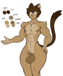 1boy abs bara big_balls big_balls_small_penis big_testicles brown_hair cat_ears erection feline highres male_focus muscle muscular muscular_male nude pecs penis rokiloki short_hair simple_background small_penis solo standing tail testicles