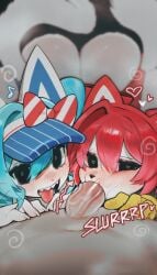 1boy 2girls absurdres animal_ears anthro anthro_female ass big_ass big_penis black_eyes blowjob blue_hair blush cat_ears cat_tail catgirl catsune_miku collaborative_fellatio deepthroat double_fellatio erection fangs fellatio female female_focus ffm_threesome group_sex hair_ornament hatsune_miku heart-shaped_pupils highres kasane_teto male male_pov mesmerizer_(vocaloid) mesmerizer_miku mesmerizer_teto non-web_source open_mouth oral oral_sex partial_male penis pov red_hair straight tail threesome tongue tongue_out veiny_penis vocaloid whiskers yuio
