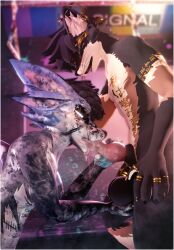 3d_(artwork) absurd_res anthro ball_fondling balls black_border blender_(artwork) bodily_fluids body_writing border canid canine clothed clothing cum cum_drip cum_dripping_from_penis cum_everywhere cum_in_mouth cum_inside cum_on_face cum_on_penis degradation deuzear digital_media_(artwork) dripping duo english_text erection fellatio fondling fox fur genital_fluids genitals hi_res jewelry knot legwear licking lill_esp lill_espion looking_pleasured male male/male mammal markings messy oral orgasm penile penis rexouium sex skimpy slutty_eyes smile submissive text tongue tongue_out