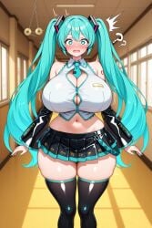 1girls ?? ai_generated blue_hair blush breasts collared_shirt female female_only hatsune_miku huge_breasts hypnosis indoors light-skinned_female midriff mind_control miniskirt navel necktie pendulum pleated_skirt question_mark seaart.ai solo straining_buttons surprised thick_thighs thighs twintails vocaloid wavy_mouth wide_hips zettai_ryouiki