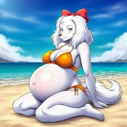 ai_generated beach beach_background bikini blue_eyes blue_eyes_female canine dog_girl fay_spaniel lazybonesai nintendo pregnant pregnant_anthro pregnant_belly pregnant_female proud_mother red_bow star_fox white_fur