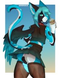 1boy 1femboy anal ass ass_crack asshole balls ballsack bare_shoulders black_body blue_body blue_eyes blue_hair butt_crack choker cock cocktail collar crop_top dick femboy fur furry furry_ears furry_only furry_tail holding_object kondraalo looking_at_viewer looking_back multicolored_body no_panties nylon_stockings nylons one_wing penis pointy_ears skirt stockings straw tail under_skirt white_body winged_humanoid wings