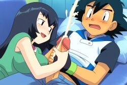 ai_generated ash_ketchum bare_arms big_breasts big_dick big_dick_energy big_penis breasts couple cum cum_on_hand cum_on_hands cumshot dark_hair dawn dawn_(pokemon) denim_clothing denim_jeans dick embarrassed embarrassed_expression female girl gloves green_shirt hand_on_dick handjob hoodie huge_cock indoors jeans laying_down laying_on_side looking_up messy_hair messy_hair_male open_mouth penis pillow pokemon red_pill_neo room satoshi_(pokemon) short_sleeve_hoodie short_sleeved_shirt sweatdrop unbuttoned_pants
