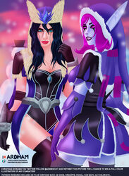 2girls ardham big_ass big_breasts crossover demon_hunter diablo elf heroes_of_the_storm large_ass large_breasts league_of_legends purple_skin sivir skin_tight snowdown_series snowstorm_sivir valla_(diablo) winter_helper_valla winter_wonderland_series