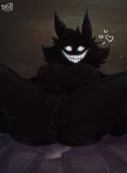 absurd_res anthro anus backrooms_creature belty42 big_breasts black_body black_fur bodily_fluids breasts chelsea_(devyshirehell) empty_eyes eyelashes female front_view fur genital_fluids genitals heart_symbol hi_res huge_breasts inverted_nipples lying nipples on_front smile smiler_(the_backrooms) solo the_backrooms thick_thighs vaginal_fluids vulva white_eyes wide_hips