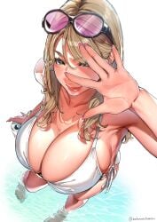 1girls 2026 anna-san_(sakuranotomoruhie) armpits barefoot beach big_breasts bikini blonde_hair blush bracelet breasts brown_eyes day daytime eyewear_on_head fair_skin female female_focus female_only from_above hi_res holding_can jewelry large_breasts light-skinned_female light_blush light_skin light_smile long_hair long_nails looking_at_viewer mature_female milf original pink_nails red_lips sakuranotomoruhie side-tie_bikini sidelocks smile solo sunglasses sunglasses_on_head sunny swimsuit wading water white_background white_bikini