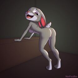 1:1 absurd_res anthro ass breasts buckteeth disney eyebrows eyelashes female fur grey_body grey_fur half-closed_eyes happy hi_res judy_hopps lagomorph leporid looking_at_viewer looking_back mammal narrowed_eyes nipples noxfurybox nude open_mouth open_smile presenting purple_eyes pussy rabbit raised_tail signature small_breasts smile solo teeth text tongue zootopia