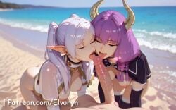 1boy 2girls ai_generated ass ass_grab aura_(sousou_no_frieren) big_ass big_breasts blue_eyes blue_sky breasts cloud cloudy_sky day elvoryn female female_focus female_on_cloth frieren horns large_breasts licking_penis long_hair looking_at_another multiple_girls nude outdoors penis pink_hair pointy_ears ponytail purple_hair saliva sky sousou_no_frieren straddling sweat thighhighs