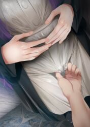 1boy black_coat breasts cameltoe coat dress female fern_(sousou_no_frieren) fingering fingering_through_clothes fumihiko_(fu_mihi_ko) grabbing_pussy highres large_breasts long_hair long_sleeves open_clothes open_coat purple_hair pussy_juice pussy_juice_stain sidelocks sousou_no_frieren straight through_clothes white_dress