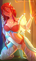 1girls andorahleon bride cordelia_(bridal)_(fire_emblem) cordelia_(fire_emblem) curtain_grab curtains fire_emblem fire_emblem_awakening fire_emblem_heroes highres lingerie masturbation nintendo pussy_juice red_eyes red_hair red_lingerie sweat thick_thighs thighs