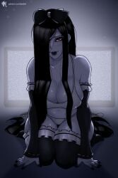 1girls beetlefi/414 big_breasts black_hair curvy female ghost ghost_girl grey_skin huge_breasts huge_thighs long_hair looking_at_viewer maid maid_uniform one_eye_closed pale-skinned_female panties red_eyes sadako_yamamura scar sitting sitting_on_knees solo stockings tv_screen white_panties