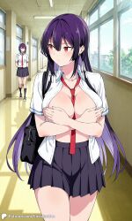 2girls ai_generated bag breasts breasts_out covered_nipples covering covering_breasts encoder exhibitionism exposed_breasts female haitekudasai_takamine-san indoors large_breasts long_hair no_underwear open_clothes open_shirt outdoors public school school_bag school_uniform skirt takamine_takane tie uncensored walking white_shirt window