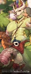 2025 age_difference anthro areola armlet ass athletic athletic_anthro athletic_male balls big_muscles big_penis blush bodily_fluids cum cum_on_body cum_on_chest cum_on_face digital_media_(artwork) english_text feathered_headdress fellatio genital_fluids genitals goblin green_body green_skin group group_sex hi_res humanoid_genitalia humanoid_penis humanoid_pointy_ears inside koko2unite lactating larger_male lihzahrd lizard male male_lactation male_only muscular muscular_anthro muscular_male navel nipples nude older_male oral orgy pecs penile penis pointy_ears reptile scalie sex size_difference skull_accessory skull_helmet small_dom_big_sub smaller_male solo_focus submissive submissive_male submissivecum_on_face terraria text tongue tribal tribal_clothing urethral_tonguing url witch_doctor_(terraria)