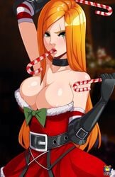 1girls areola_slip areolae belt breasts candy candy_cane candy_cane_in_mouth christmas_outfit cleavage dress eye_scar facial_scar female female_only front_view fur_trim green_eyes human katarina_du_couteau kyoffie large_breasts league_of_legends long_hair orange_hair riot_games scar slay_belle_katarina snowdown_showdown_series solo very_long_hair