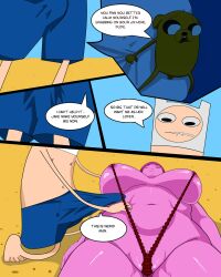 1girls 2boys adventure_time beach biting_own_lip busty canine closed_eyes comic dipdoodle english_text finn_the_human huge_breasts jake_the_dog low-angle_shot nipple_peek page_9 pink_body pink_hair princess_bubblegum relaxed shorts skimpy sling_bikini smile speech_bubble tagme