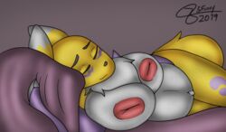 anthro bed belly big_belly big_breasts breasts canid canine digimon digimon_(species) female furniture j5furry mammal nude pregnant renamon solo