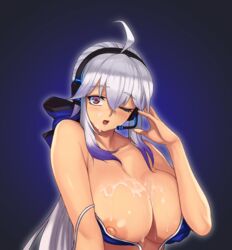 ahoge bajima_shouhei bare_shoulders bikini bikini_top blue_bikini blush bow breasts cleavage collarbone cum cum_on_body cum_on_upper_body eyebrows_visible_through_hair facial fanloid female hairbow hand_up headset large_breasts long_hair looking_at_viewer nipples one_eye_closed open_mouth revision silver_hair simple_background solo strap_slip swimsuit vocaloid voyakiloid yowane_haku