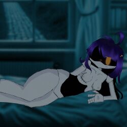 1girls 2d_(artwork) bed colored doll_(murder_drones) female female_only glitch_productions hair in_bed lying_on_bed lying_on_side murder_drones nude nude_female orange_eyes purple small_breasts