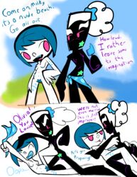 alien beach blue_hair breasts dialogue duo female female/female loki_irl milky_mint popsicle pubic_hair rebeltaxi text wavebird white_hair yuri