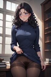 1girls 2:3 ai_generated aroused awkward awkward_situation big_breasts black_hair black_pantyhose blue_dress blue_eyes blushing books bookshelf bush cleavage curvy dress_lift earrings embarrassed erika_(zaszs06) explicit exposed_pussy flashing_pussy hairy_pussy hoop_earrings huge_breasts indoors leaning_on_table library long_hair long_sleeves looking_away no_panties no_pants office_lady on_desk pantyhose pubic_hair pussy secretary sheer_pantyhose solo source_request spread_legs thick_thighs thighband_pantyhose turtleneck wavy_hair wet_pussy wide_hips window zaszs06