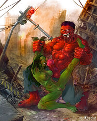 1boy 1girls abs ankle_grab arm_grab big_breasts big_penis breasts detailed_background drooling female glowing_eyes green-skinned_female green_skin huge_cock hulk_(series) imminent_rape long_hair male maledom manhandling marvel marvel_comics muscles muscular_male nipples nude_female outside penis penis_out pussy rape_face red-skinned_male red_hulk red_skin ripped_pants ruins rulk she-hulk straight toothy_grin veins veiny_muscles veiny_penis vodkbsolut