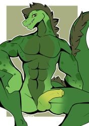 abs anthro big_penis dark_hair digital_drawing_(artwork) digital_media_(artwork) fangs flaccid foreskin genitals green_body green_skin hi_res humanoid_genitalia humanoid_penis lizard long_tail looking_at_viewer looking_down looking_down_at_viewer male markings masculine muscular partially_retracted_foreskin pecs penis reptile scalie simple_background sitting smile snout solo sparxel spots spotted_body spread_legs spreading tail teeth thick_tail unnamed_character yellow_eyes