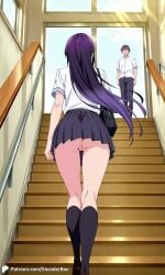 1boy 1girls ai_generated ass bag bottom_view breasts covered_nipples encoder female haitekudasai_takamine-san indoors large_breasts long_hair male no_panties no_underwear outdoors public pussy school school_bag school_uniform skirt stairs takamine_takane tie uncensored vagina white_shirt window