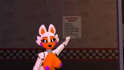 1girl 1girls 3d big_breasts breasts five_nights_at_freddy's fox_girl furry furry_female lolbit lolbit_(fnaf) naked nipples nude nude_female pointing purple_nipples solo tits tits_out vrchat white_fur white_pupils