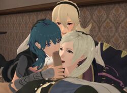 1boy 3d 3girls assisted_fellatio blue_eyes blue_hair byleth_(fire_emblem) byleth_(fire_emblem)_(female) clothed_female clothed_male corrin_(fire_emblem) corrin_(fire_emblem)_(female) dark-skinned_male diadem elf fellatio fire_emblem fire_emblem:_three_houses fire_emblem_awakening fire_emblem_fates fire_emblem_warriors hand_on_head hand_on_penis licking looking_at_partner manakete matching_hair/eyes mikey_obscurest nintendo open_mouth oral oral_sex penis penis_grab penis_lick red_eyes robin_(fire_emblem) robin_(fire_emblem)_(female) smile straight white_hair xnalara yellow_eyes