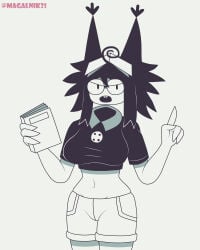 1girls black_hair book clothed exposed_skin fundamental_paper_education glasses kevin_(fundamental_paper_education) magalnik nerd nerdy_female rule_63 self_upload shorts tagme